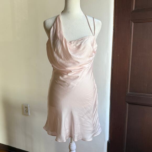 BARDOT Astrid Pink Satin Asymmetrical Fit & Flare Strappy Mini Slip Dress Small - Picture 2 of 6